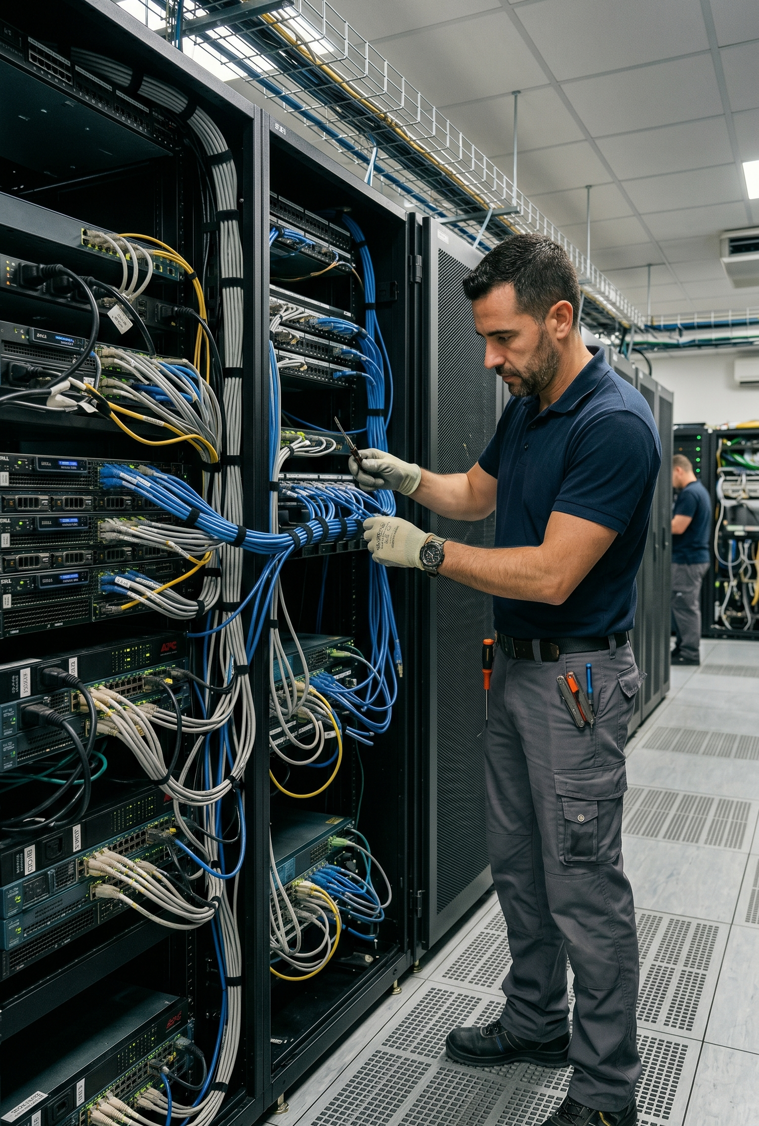 Especialista de soporte revisando cableado en rack